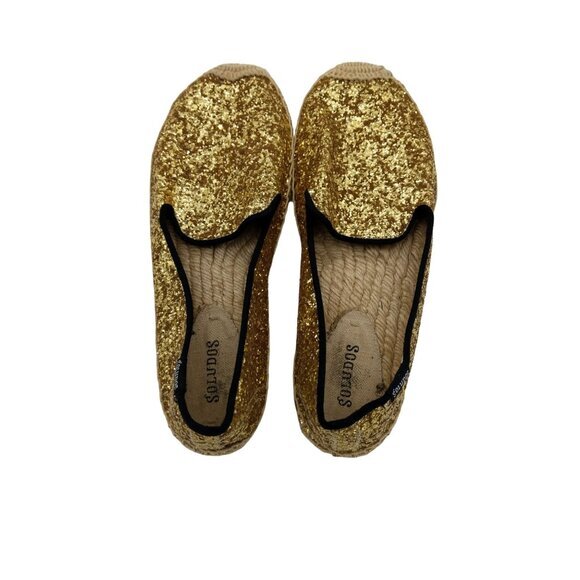 SOLUDOS‎ Espadrille Slip On Shoes Womens SZ 9 EU 39.5 Gold Sequin Disco Glitter - Picture 2 of 8